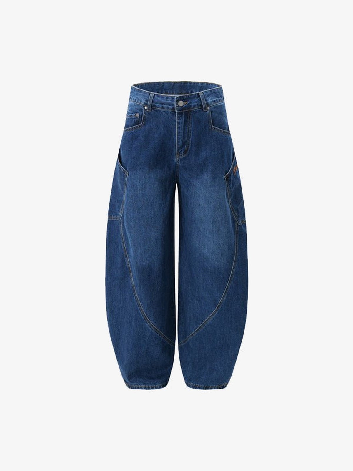 Dark Wash Curved Barrel Jeans – Dunkelblau, Vorderseite flach | XoKool