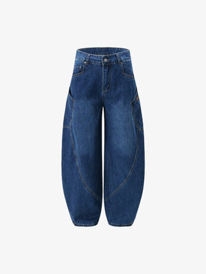 Jeans barrel curvos en lavado oscuro – azul oscuro, vista frontal plana | XoKool