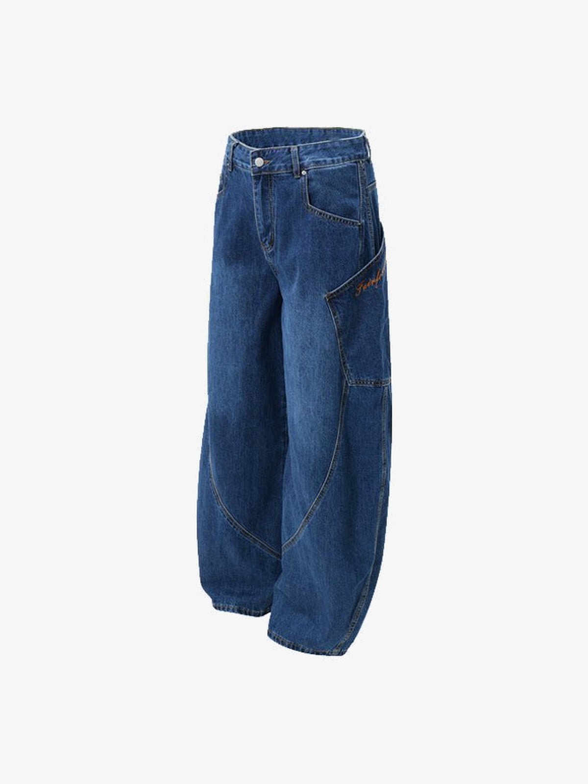 Jeans barrel curvos en lavado oscuro – vista lateral plana | XoKool