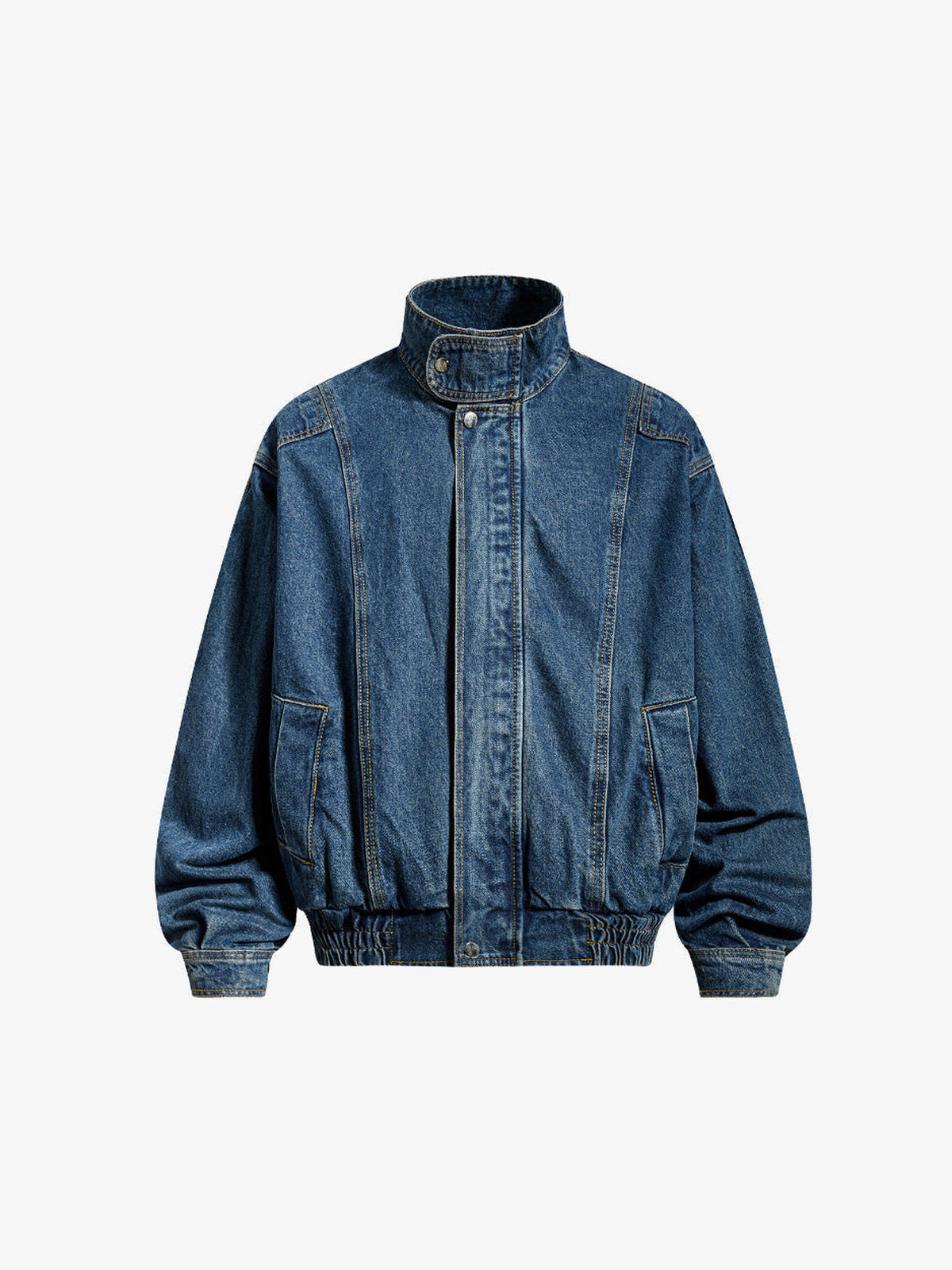 Dunkel gewaschene Jeans-Bomberjacke mit Stehkragen – Blau, Vorderseite | XoKool