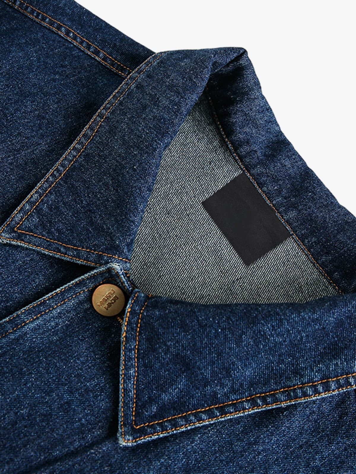 Dark Wash Denim Trucker Jacket with Metal Buttons – collar close-up | XoKool