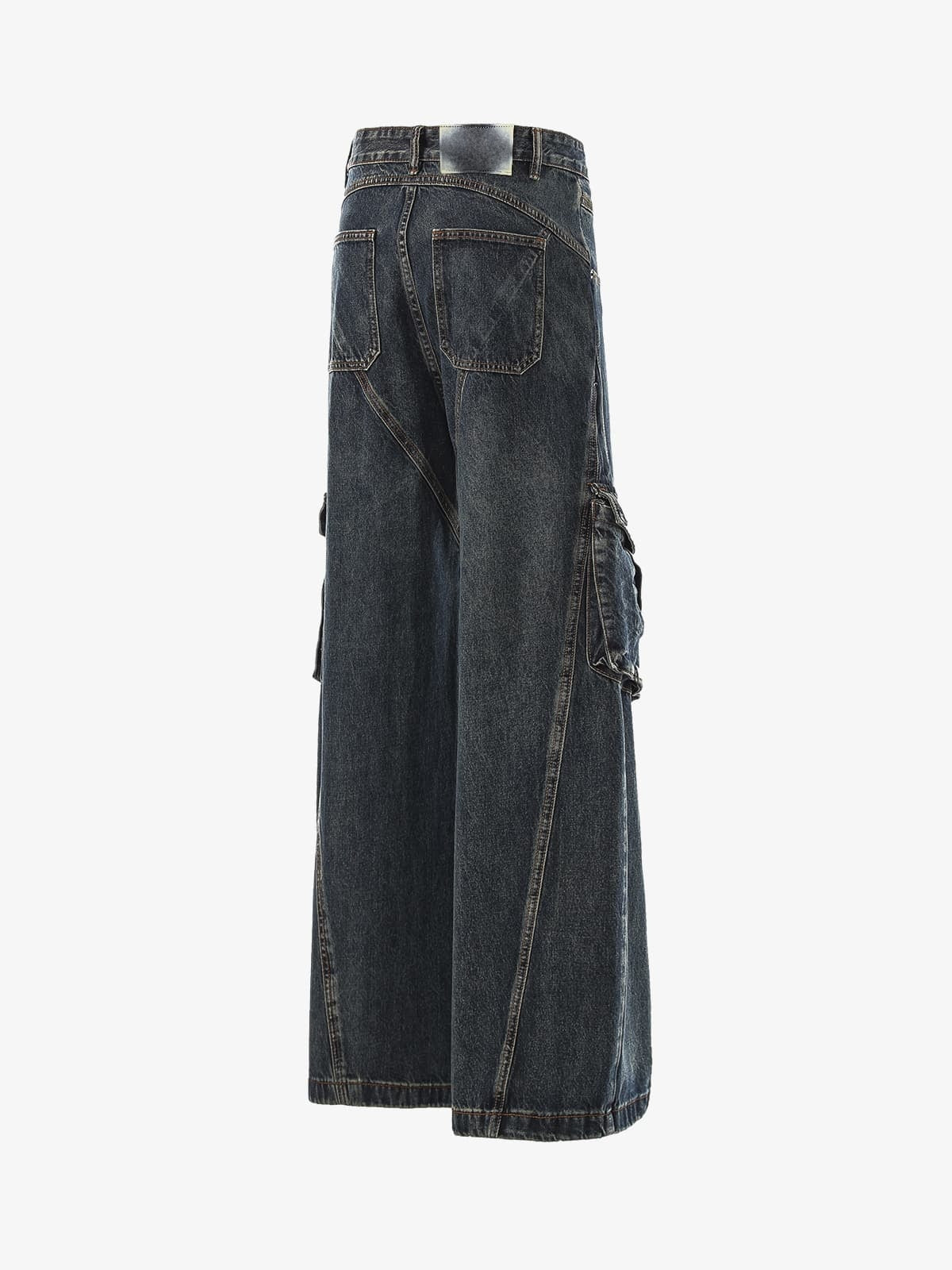 Dark Wash Wide Leg Cargo Jeans – Dark Blue, side back view | XoKool