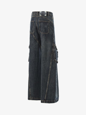 Dark Wash Wide Leg Cargo Jeans – Dark Blue, side back view | XoKool
