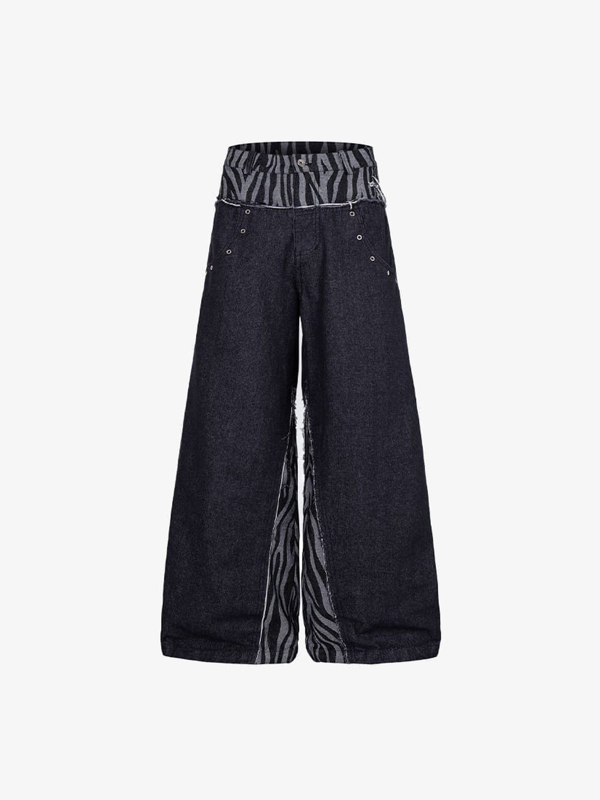 Dark Wide Leg Jeans with Zebra Print Panels – front flat | XoKool