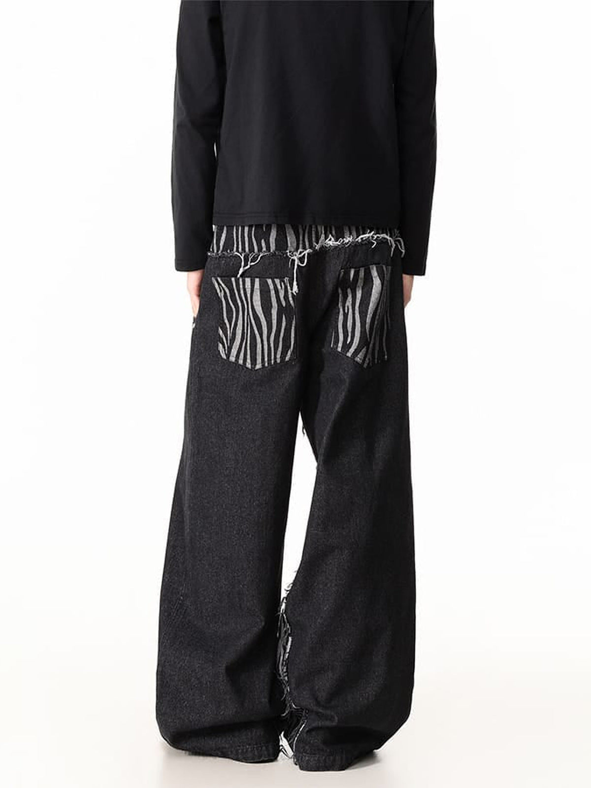 Dark Wide Leg Jeans with Zebra Print Panels – on model back | XoKool