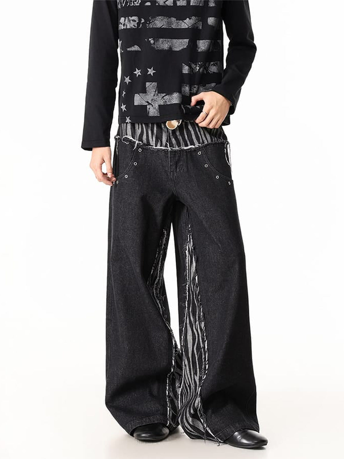 Dark Wide Leg Jeans with Zebra Print Panels – on model front | XoKool