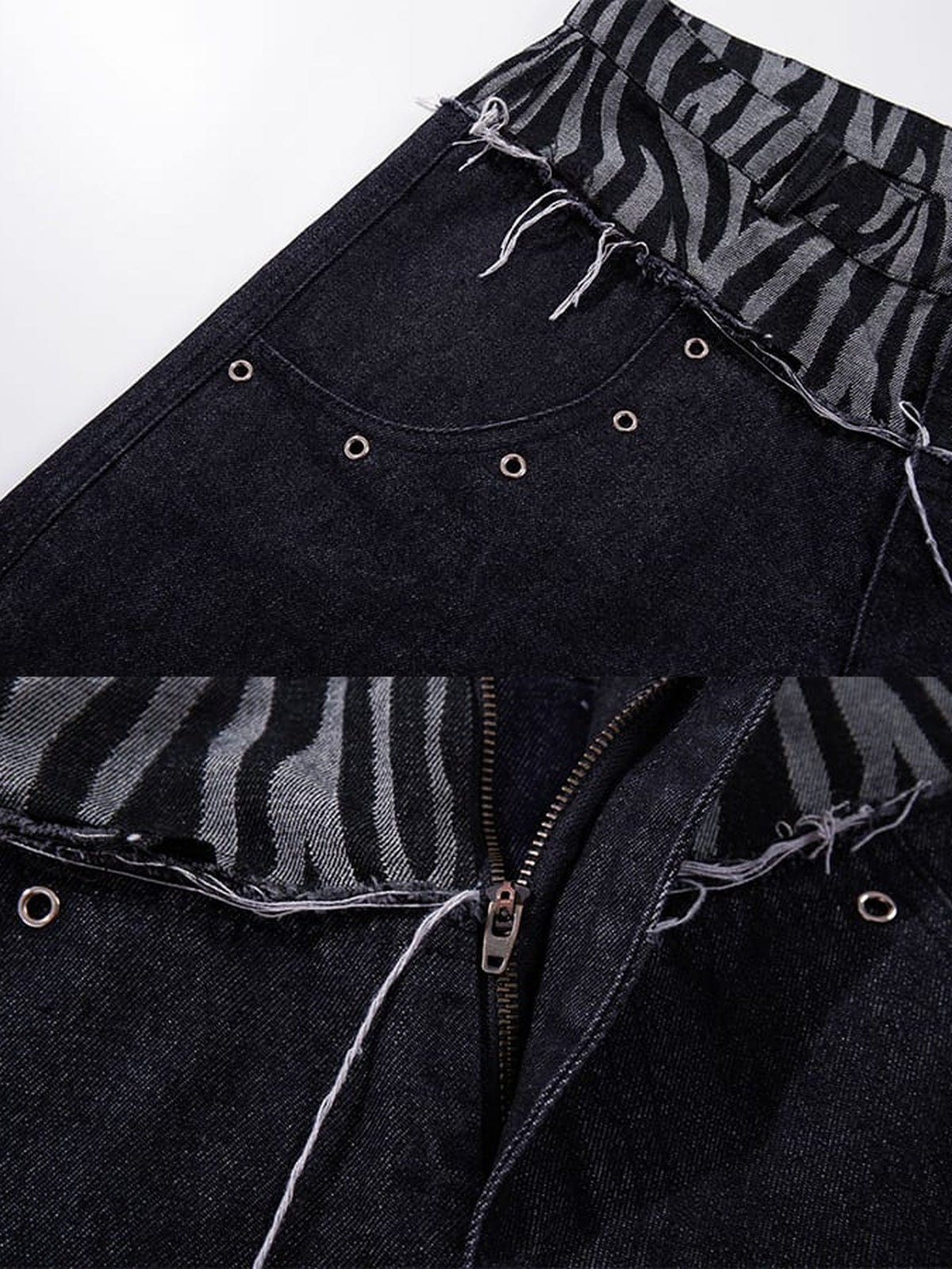 Zebra Print Jeans – waist eyelets and zip close-up | XoKool