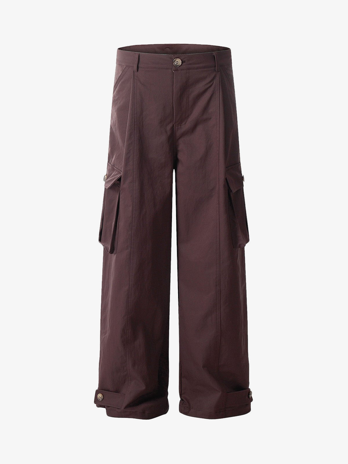 Wide Leg Cargo Pants with Button Tab Hem – Wine Red, front view | XoKool