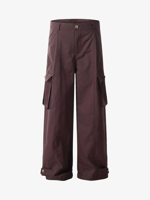 Wide Leg Cargo Pants with Button Tab Hem – Wine Red, front view | XoKool