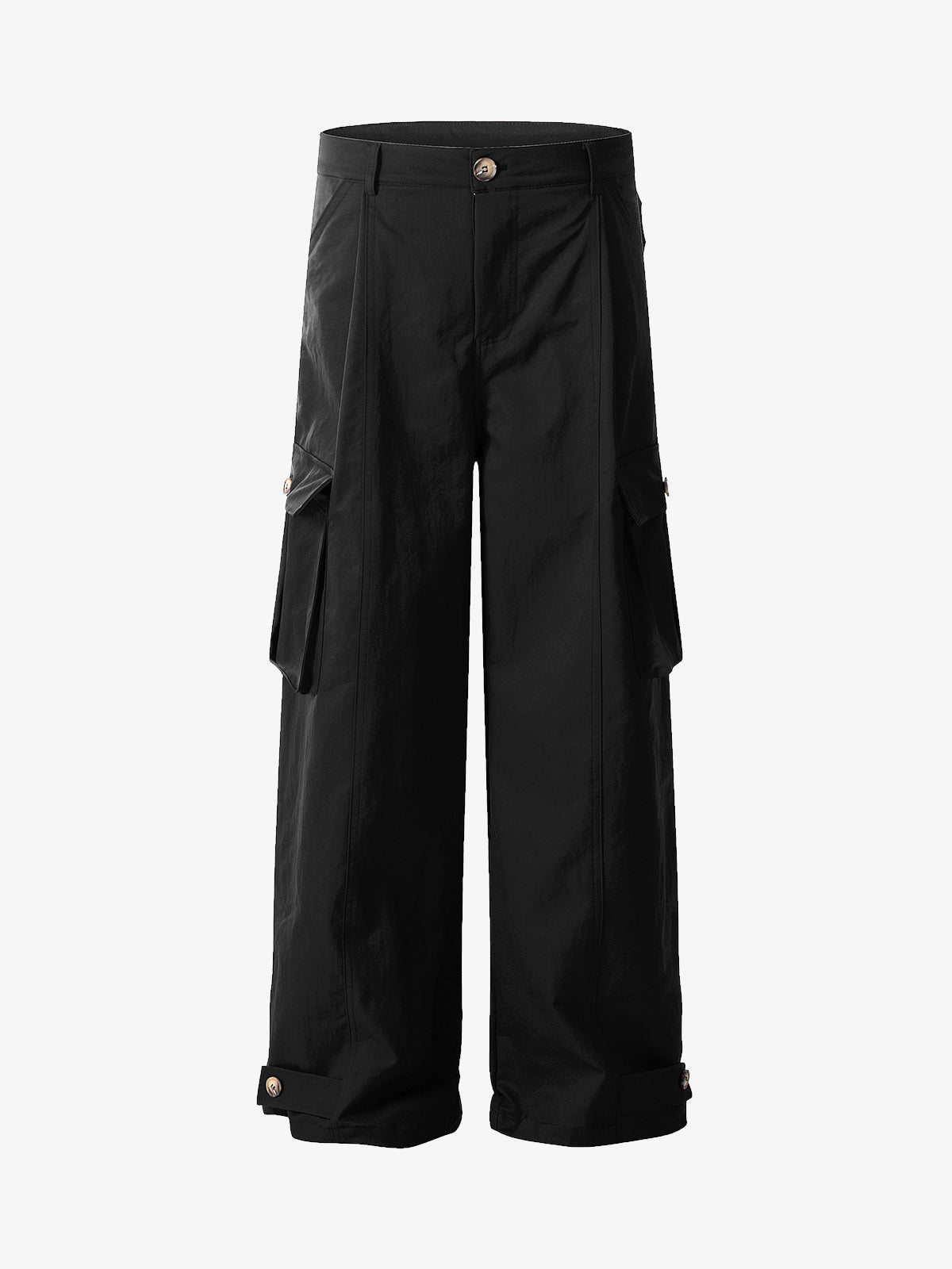 Wide Leg Cargo Pants with Button Tab Hem – Black, front view | XoKool
