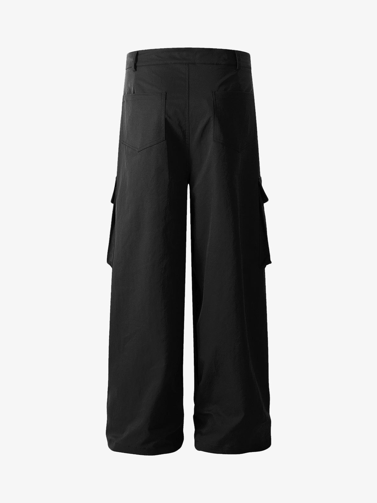Wide Leg Cargo Pants with Button Tab Hem – Black, back view | XoKool