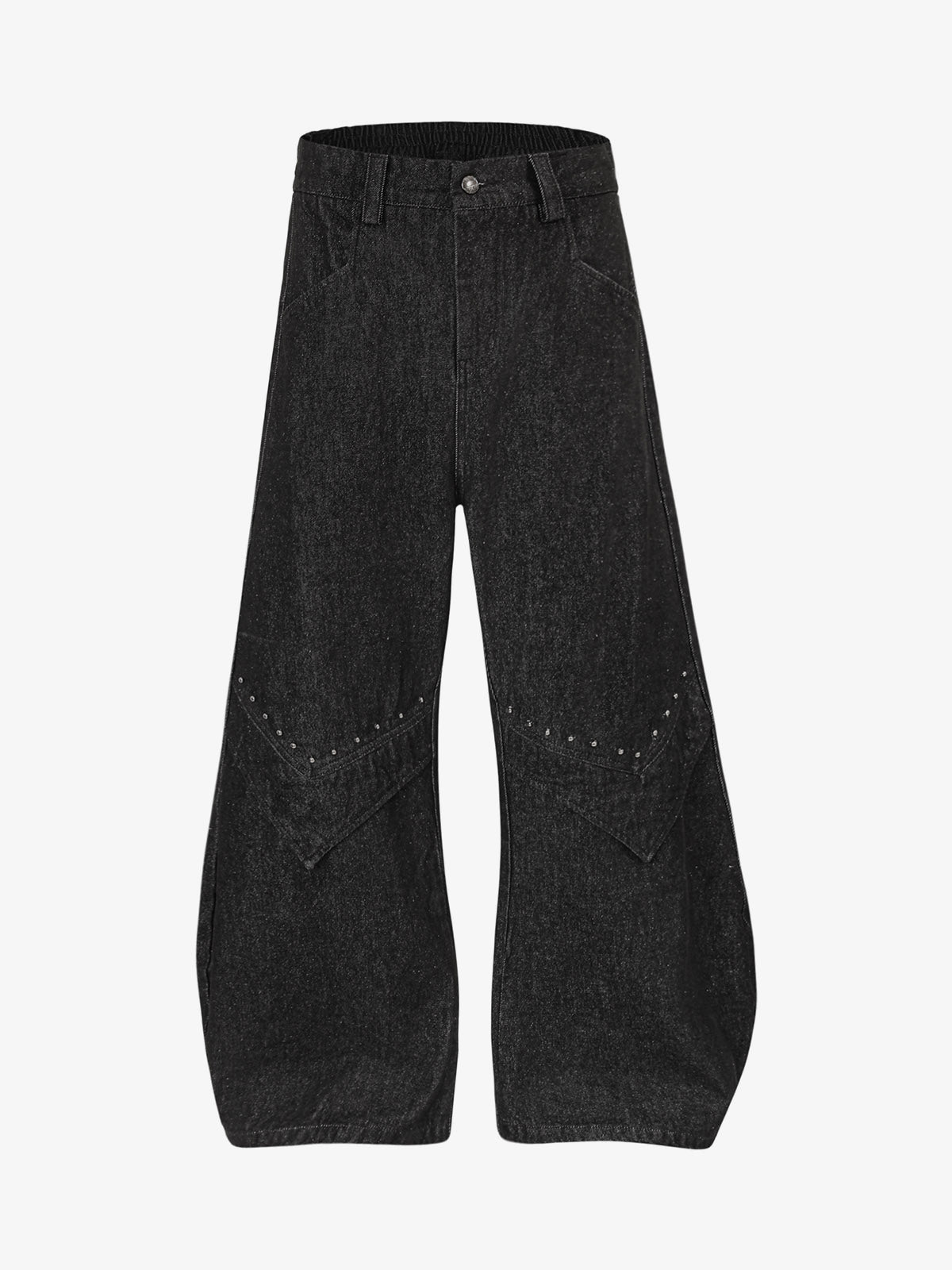 Black Studded Barrel Jeans with V Seams – Black, front view | XoKool