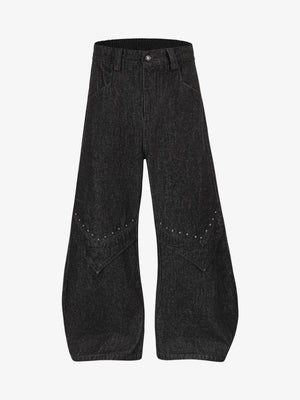Black Studded Barrel Jeans with V Seams – Black, front view | XoKool