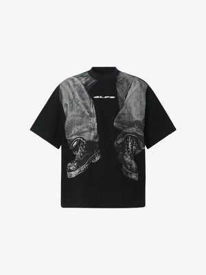 Denim Jacket Illusion Print Boxy Tee – Black, front flat | XoKool