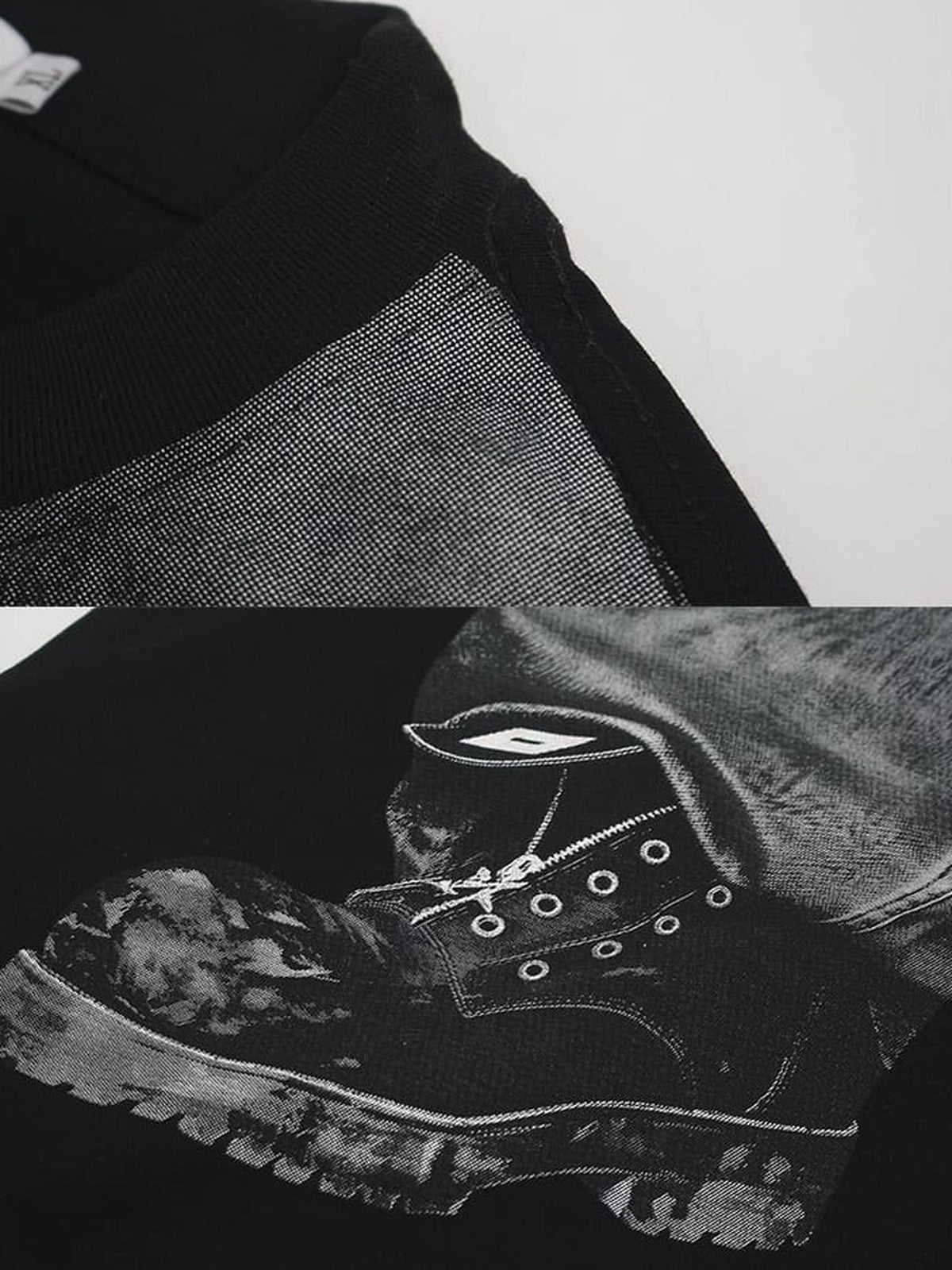 Denim illusion print tee – collar & boot print close-up | XoKool