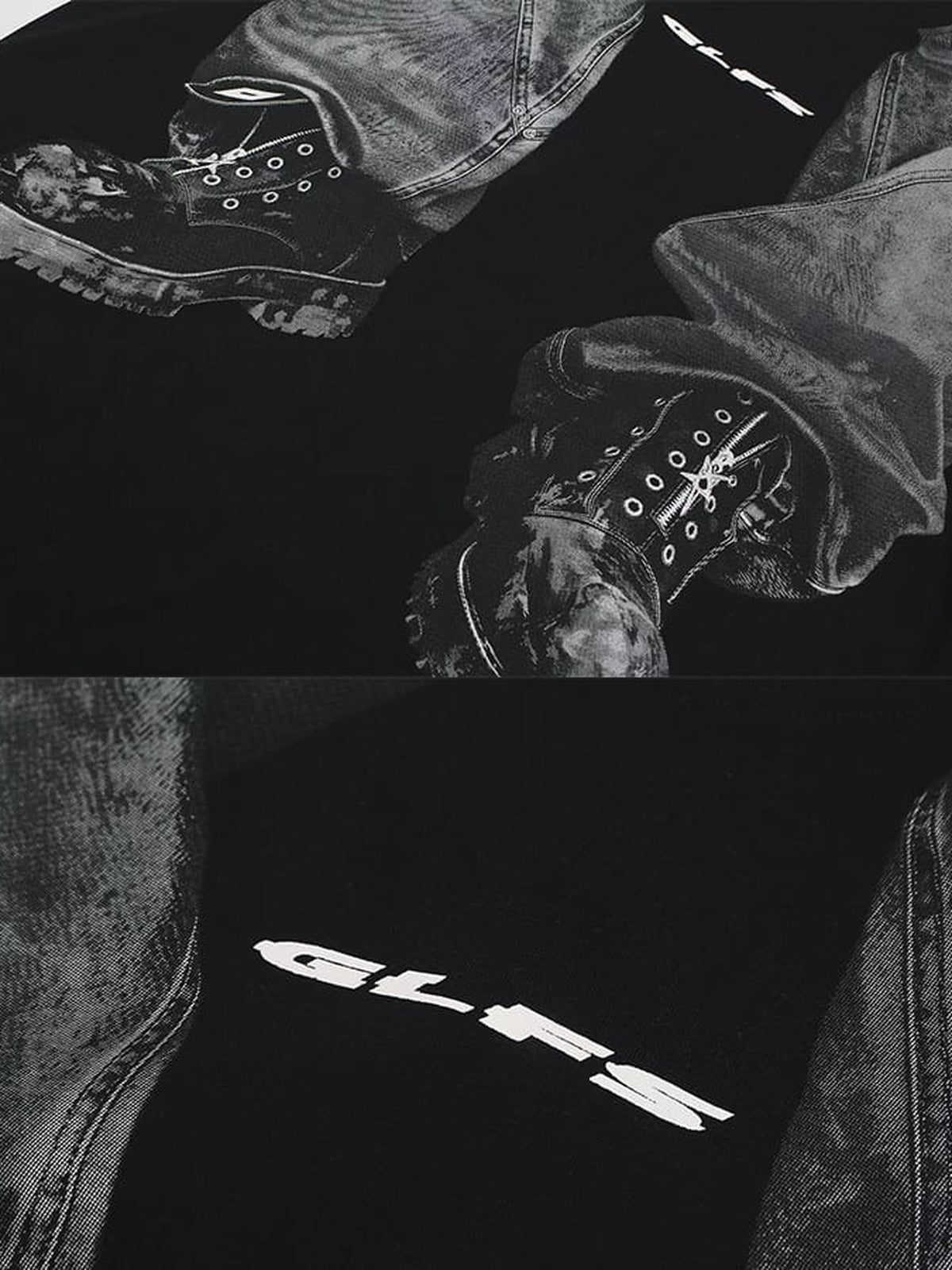 Denim illusion print tee – print close-up (boots) | XoKool
