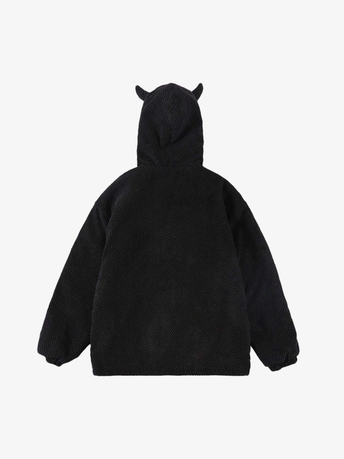 Chaqueta con capucha y cuernos de diablo – Negro, vista trasera en plano | XoKool