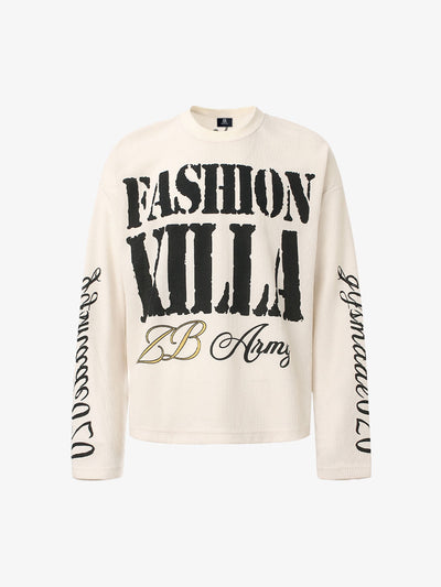 Retro Letter Print Waffle Simplicity Long-Sleeved T-Shirt