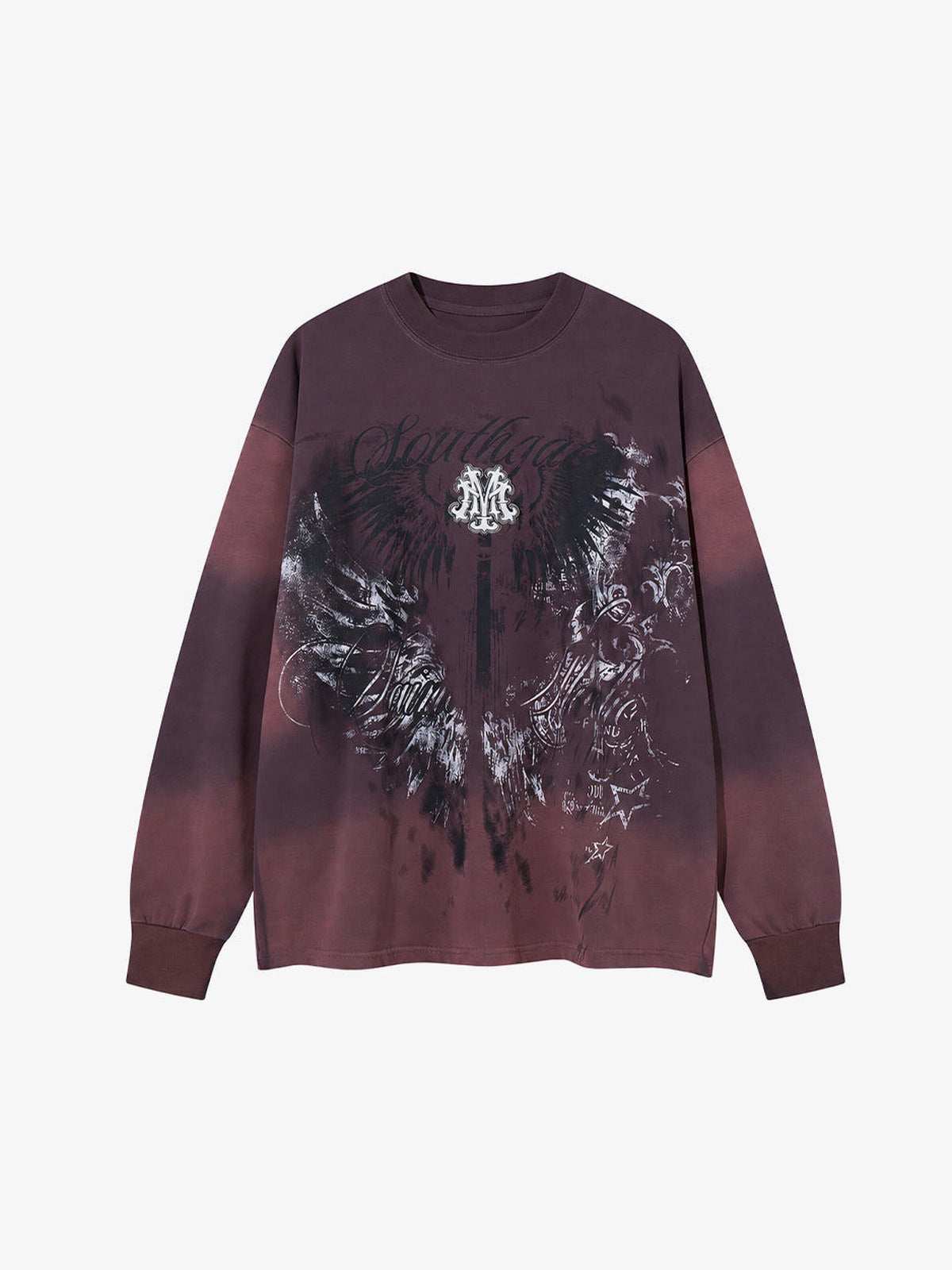 Dip Dye Long Sleeve Shirt with Wing Print – Burgundy, front flat | XoKool