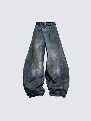 Dirty Wash Balloon Jeans with Knee Patch – front view flat | XoKool