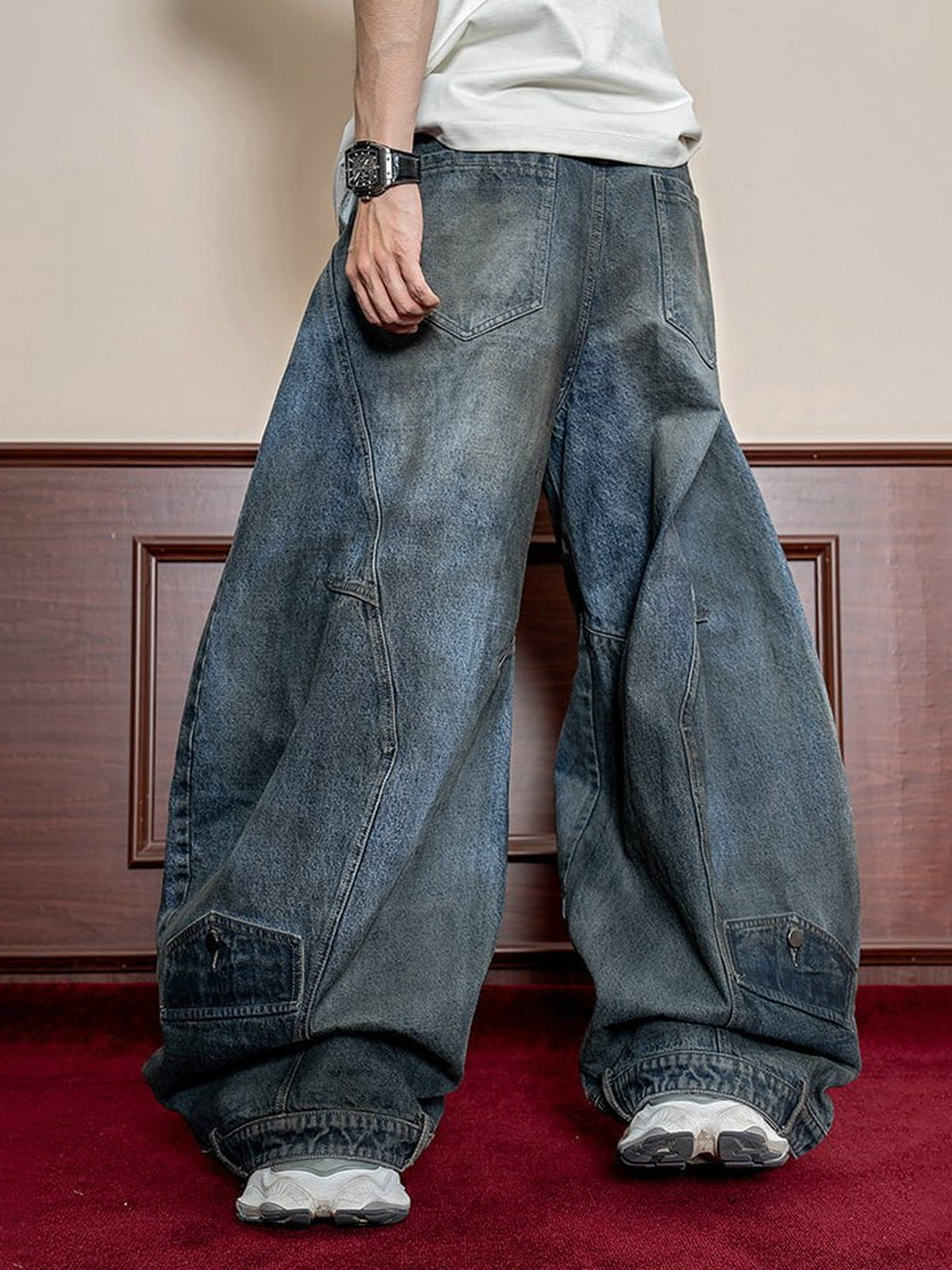 Dirty Wash Balloon Jeans with Knee Patch – on model, legs close | XoKool