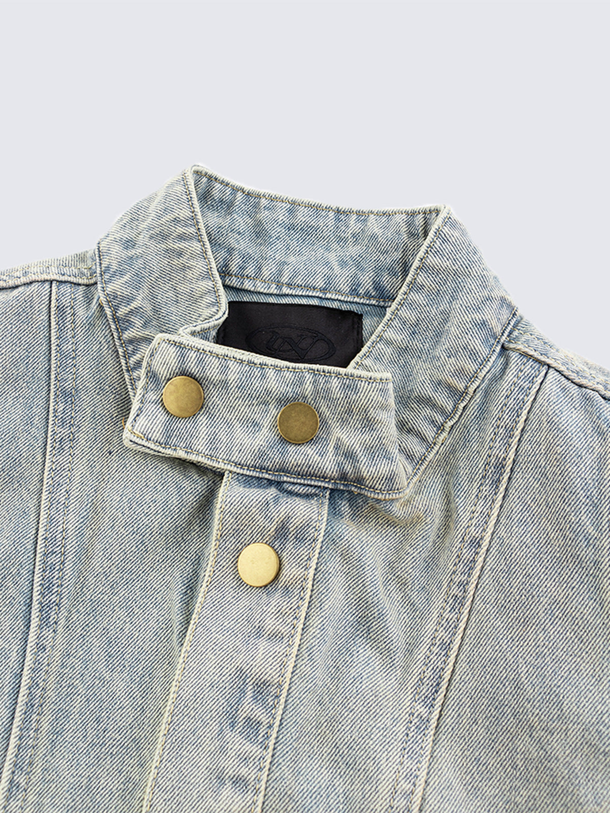 Dirty Wash Cropped Denim Jacket with Zip Pockets – collar and snap close-up | XoKool
