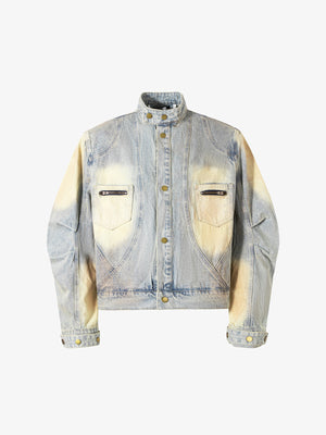 Dirty Wash Cropped Denim Jacket with Zip Pockets – Light Blue Vintage Wash, front view | XoKool