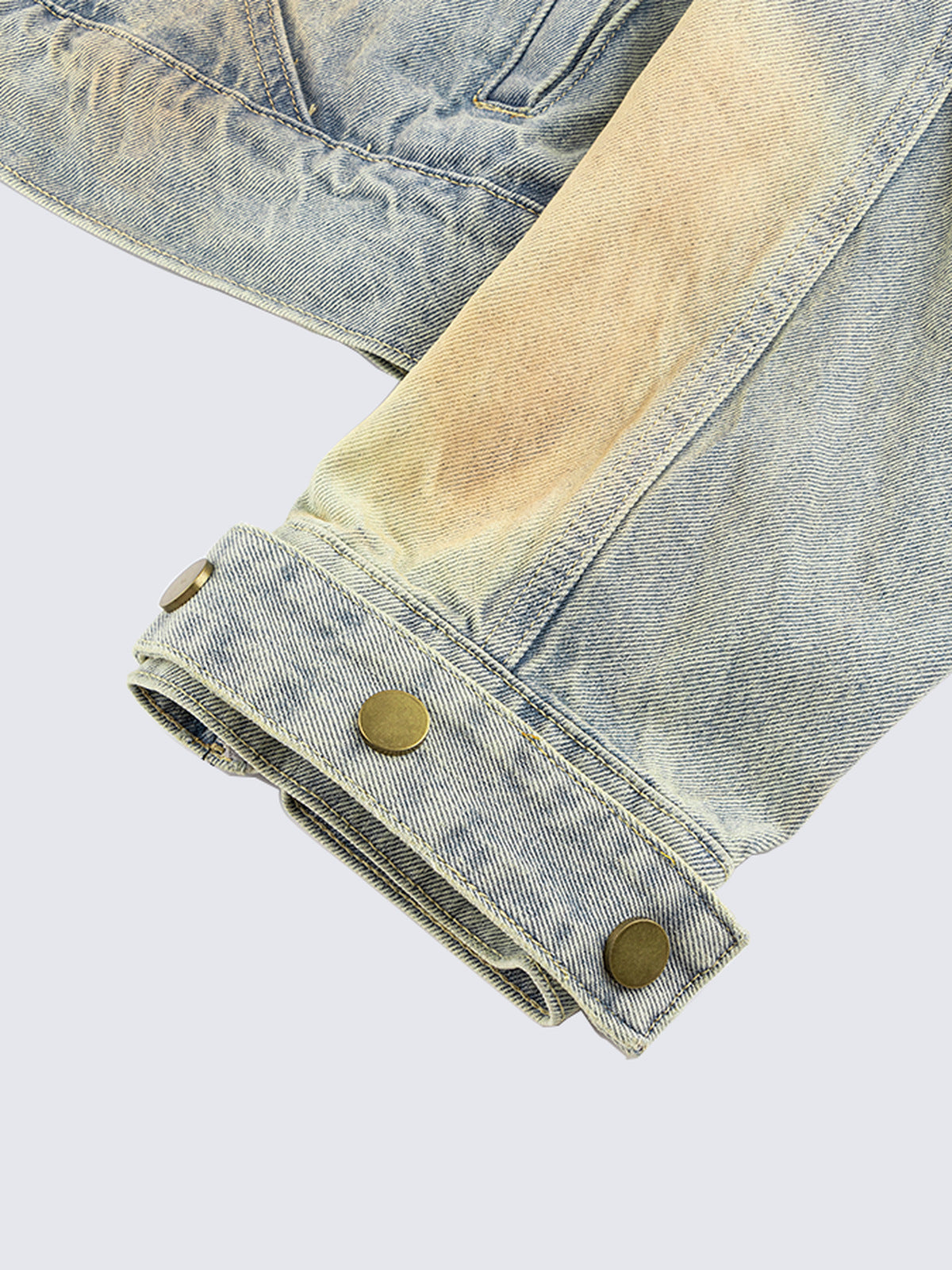 Dirty wash denim jacket – snap cuff close-up | XoKool