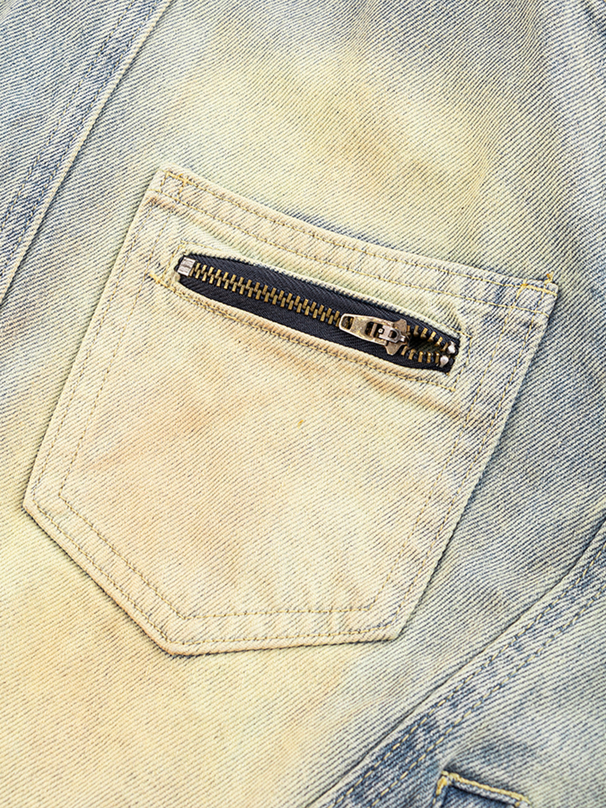 Dirty wash denim jacket – zip pocket close-up | XoKool