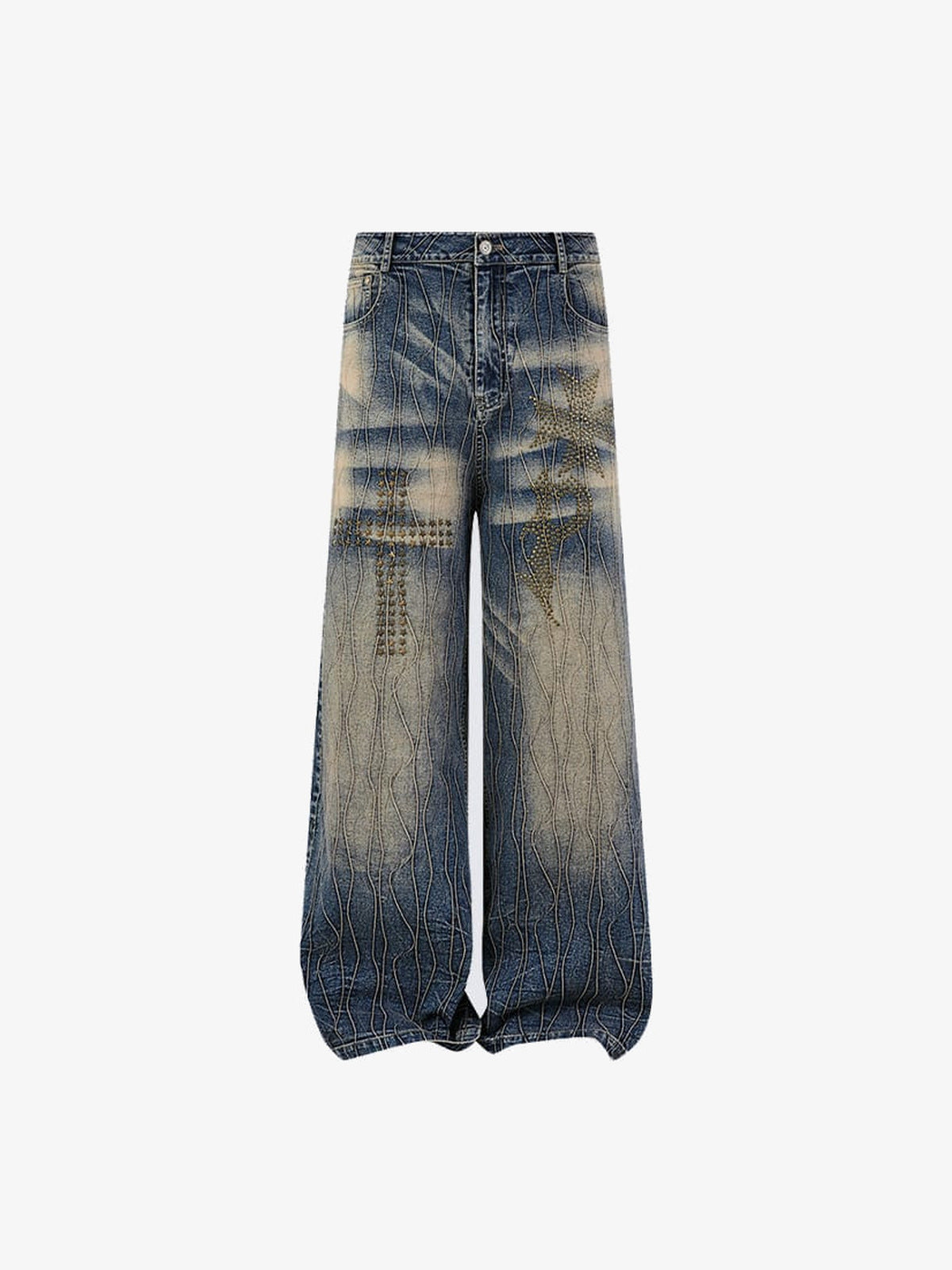 Dirty Wash Jeans mit Nieten und Stern-Detail – Vorderansicht flach | XoKool