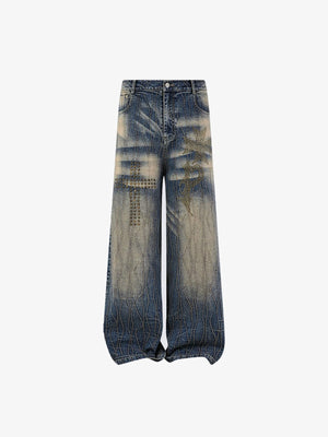 Jean cloutés délavé sale avec détail étoile – vue de face à plat | XoKool