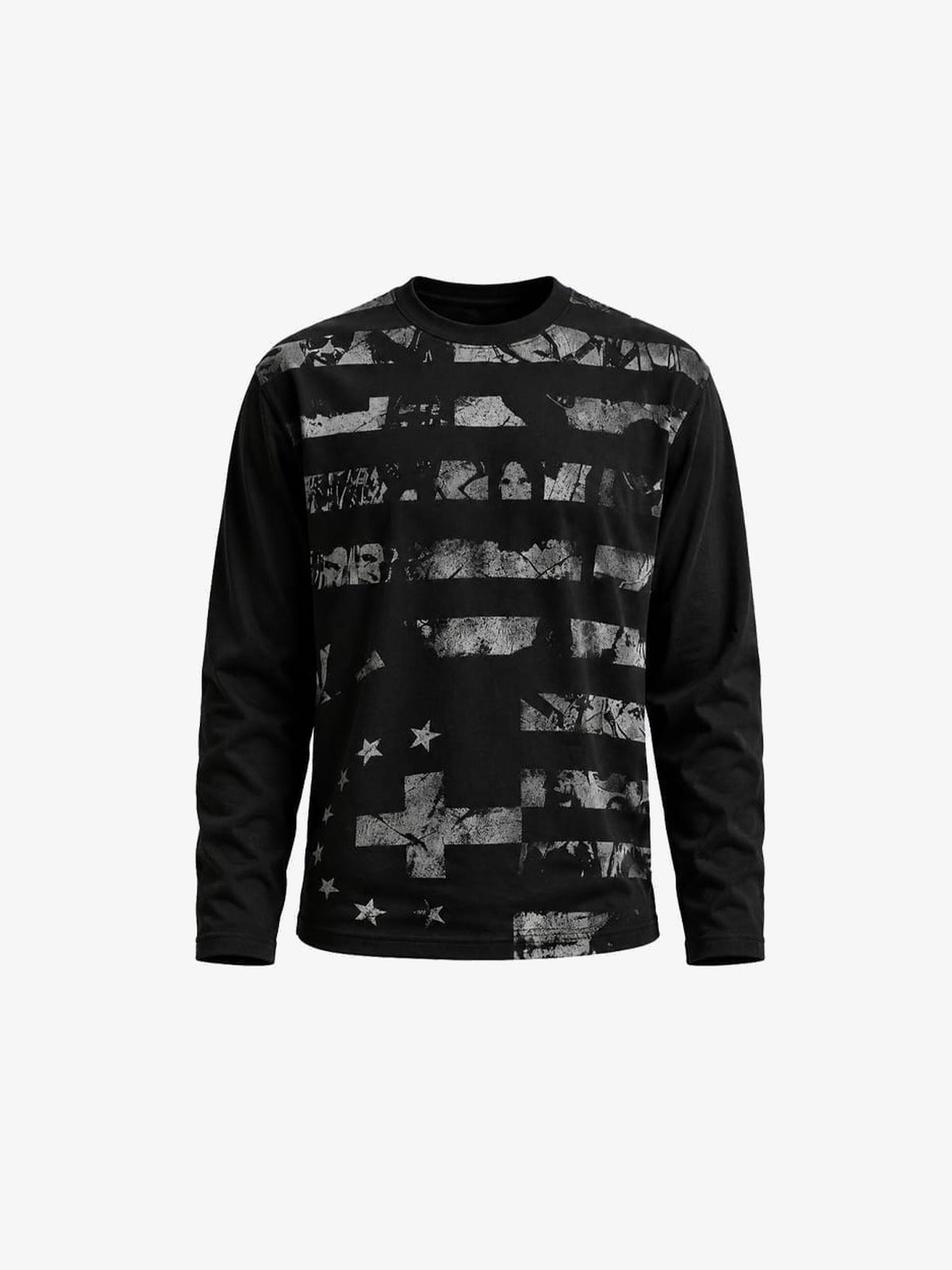 Distressed American Flag Long Sleeve Shirt – Black, front view | XoKool
