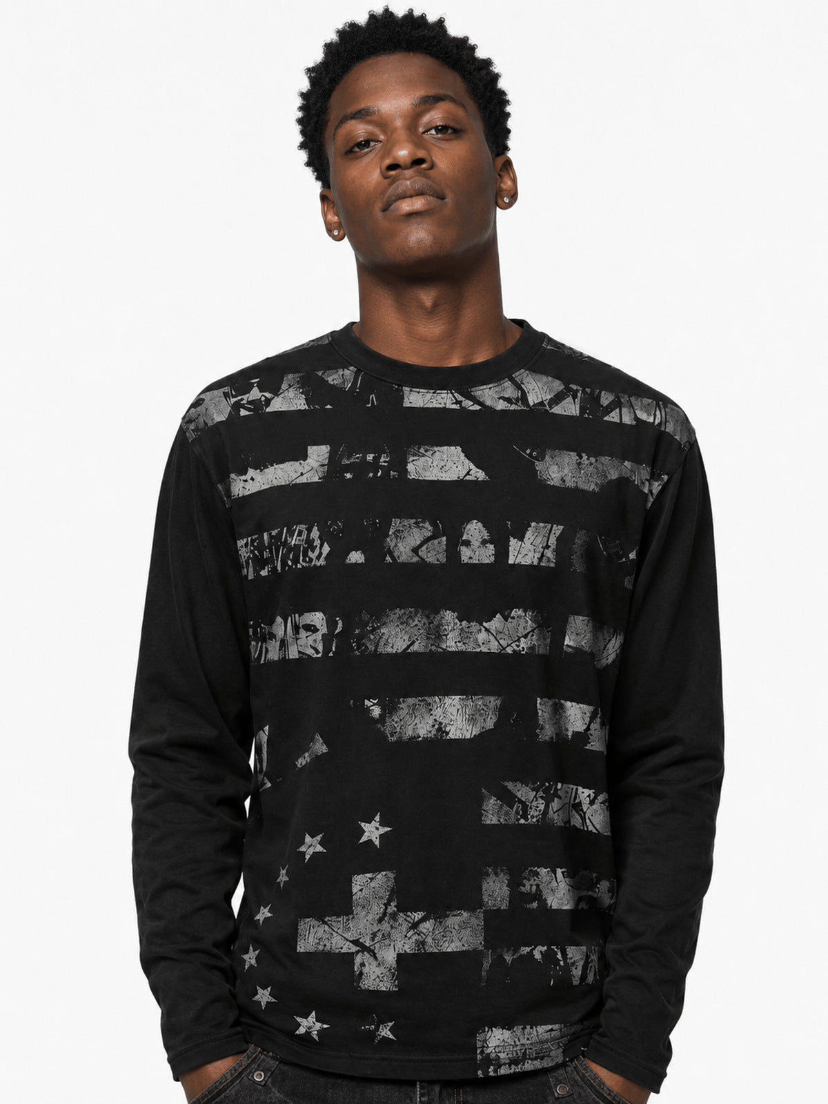 Distressed American Flag Long Sleeve Shirt – on model, front | XoKool