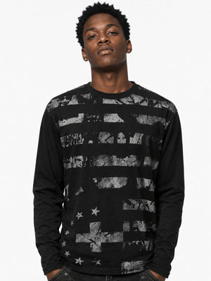 Distressed American Flag Long Sleeve Shirt – on model, front | XoKool