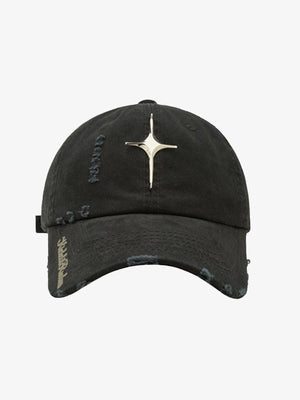 Distressed Baseball Cap with Metal Star – Black, front view | XoKool