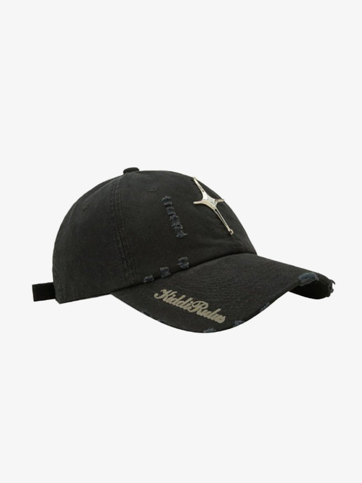 Distressed Baseballcap mit Metallstern – Schwarz, Seitenansicht (Schriftzug am Schirm) | XoKool
