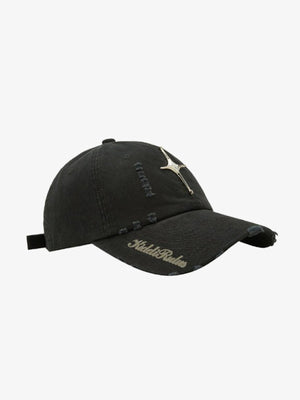 Distressed Baseball Cap with Metal Star – Black, side view (script text on brim) | XoKool
