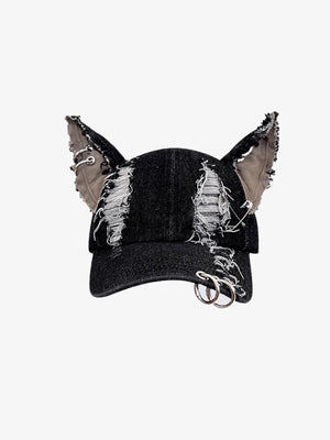 Gorra de denim negro desgastado con orejas de perro – vista frontal | XoKool