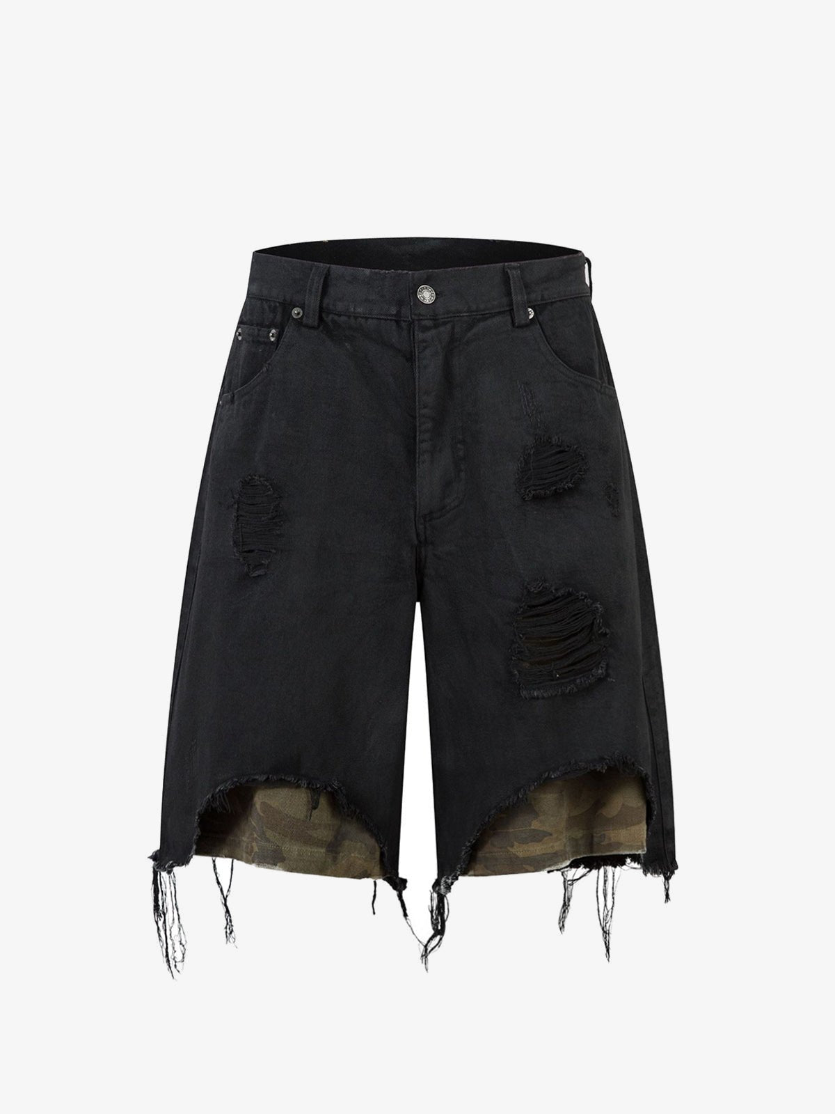 Ripped Black Jorts with Camo Lining – Black, front view | XoKool
