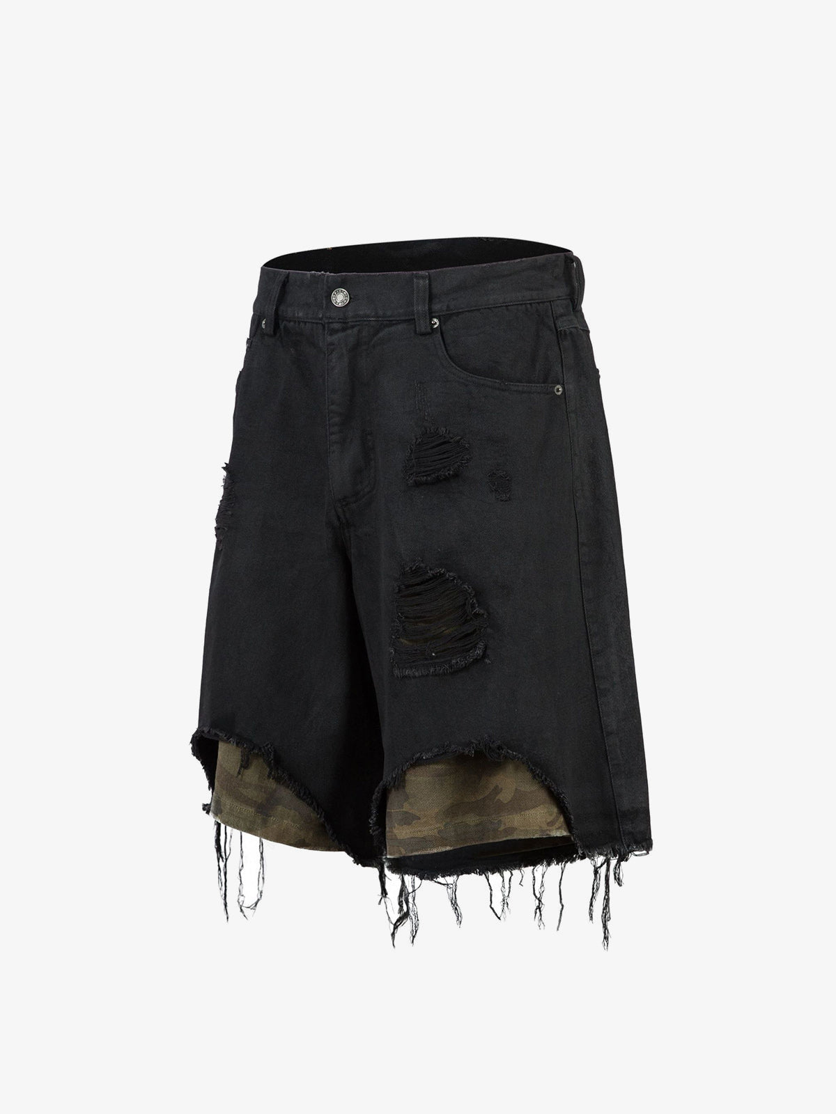 Ripped Black Jorts with Camo Lining – Black, side angle view | XoKool
