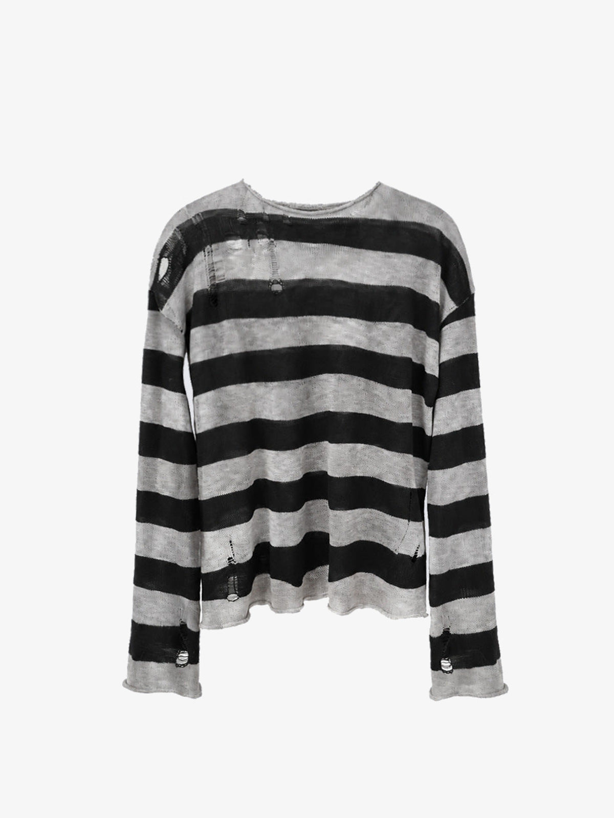Distressed Black and Grey Striped Knit Sweater – front view flat | XoKool