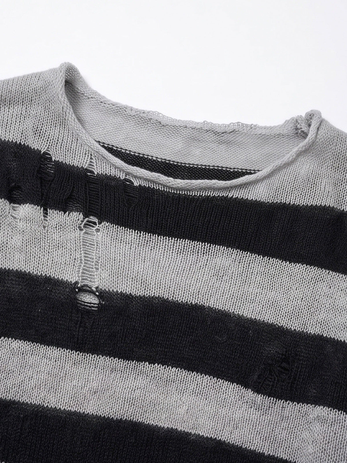 Distressed Black and Grey Striped Knit Sweater – neckline close-up | XoKool