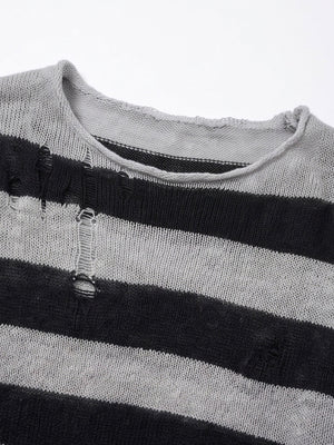 Distressed Black and Grey Striped Knit Sweater – neckline close-up | XoKool