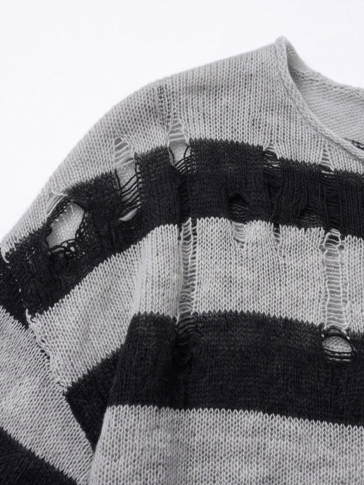 Distressed Black and Grey Striped Knit Sweater – shoulder distressed close-up | XoKool