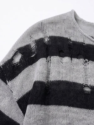 Distressed Black and Grey Striped Knit Sweater – shoulder distressed close-up | XoKool