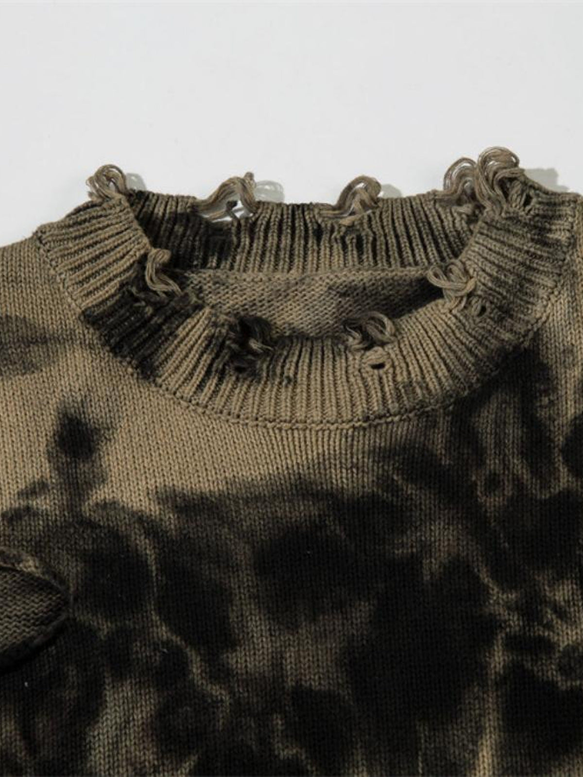 Distressed Black and Khaki Tie Dye Knit Sweater – frayed neckline close-up | XoKool