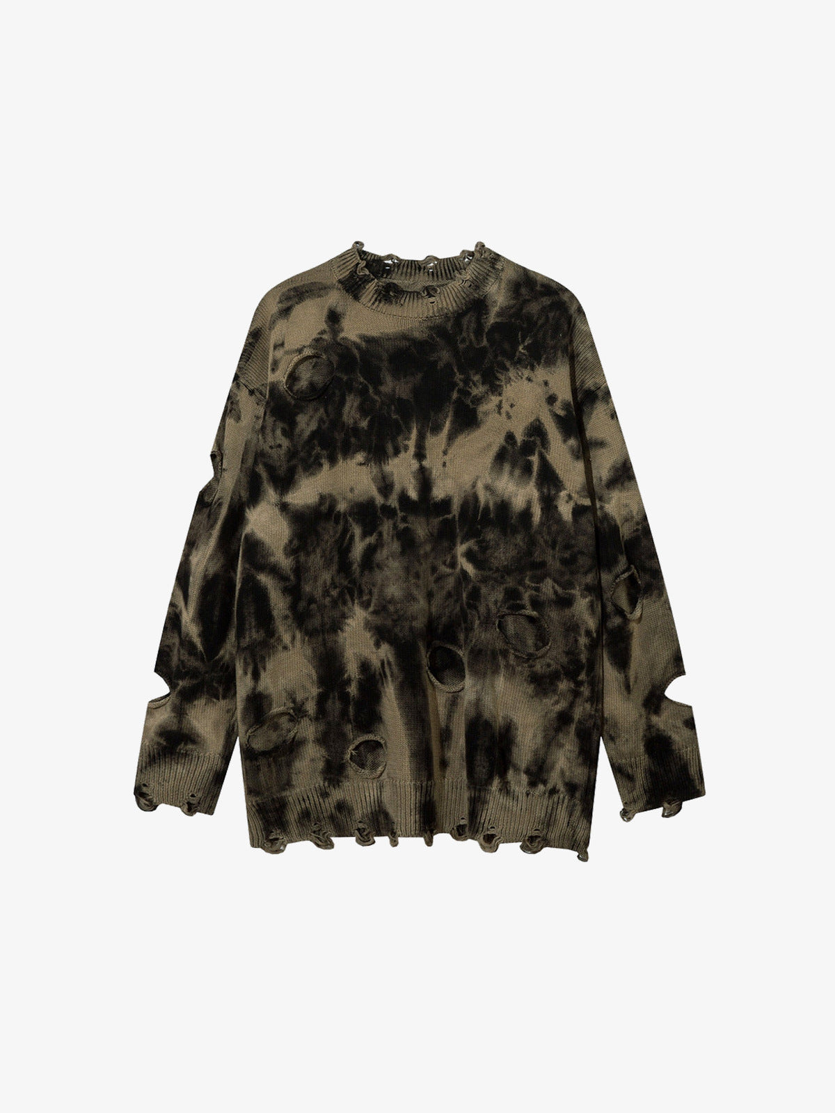 Distressed Black and Khaki Tie Dye Knit Sweater – front view | XoKool