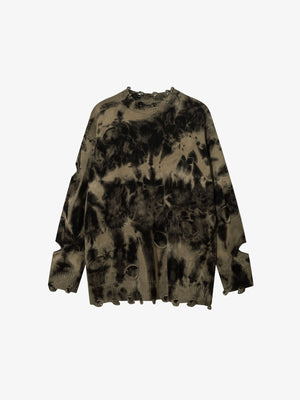 Distressed Black and Khaki Tie Dye Knit Sweater – front view | XoKool