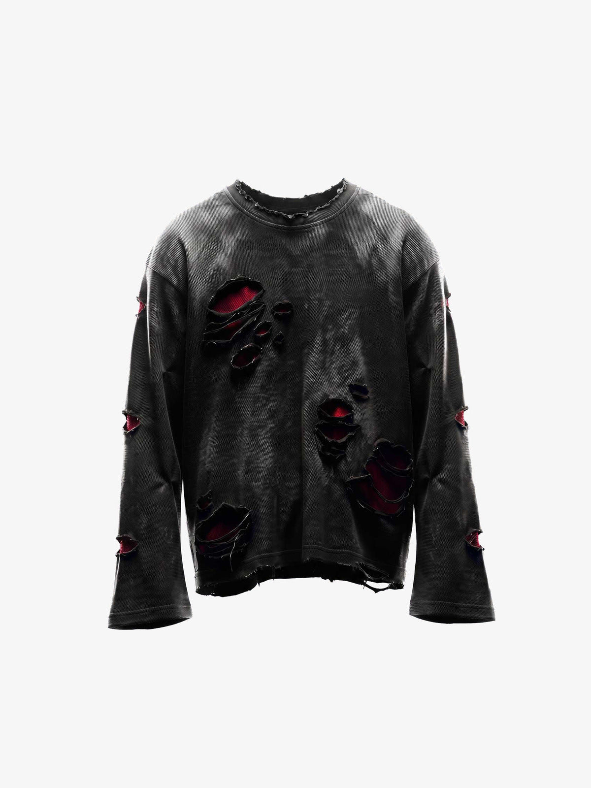 Distressed Black and Red Raglan Long Sleeve Shirt – front, flat | XoKool