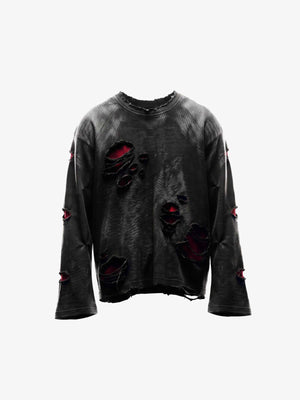 Distressed Black and Red Raglan Long Sleeve Shirt – front, flat | XoKool